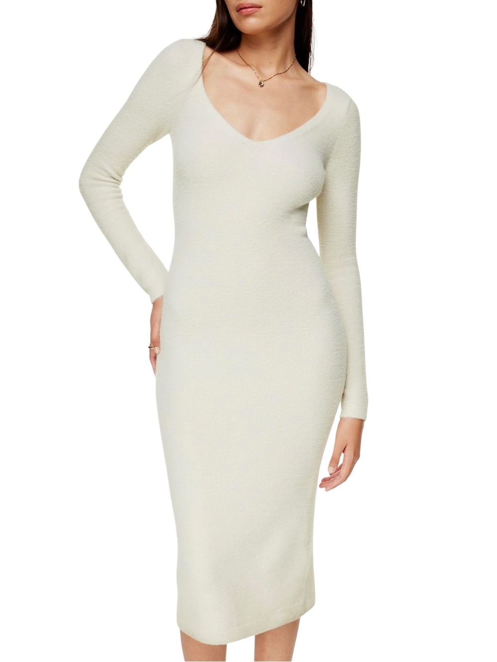 Aritzia Wilfred Free Hush Knit V-Neck Midi Sweater Dress Cream Chenille Sz L